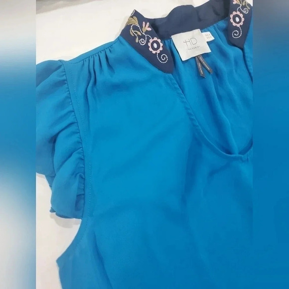 Anthropologie HD in‎ Paris sz 4 blue Flutter sleeve Embroidered Neck blouse top - Picture 7 of 10